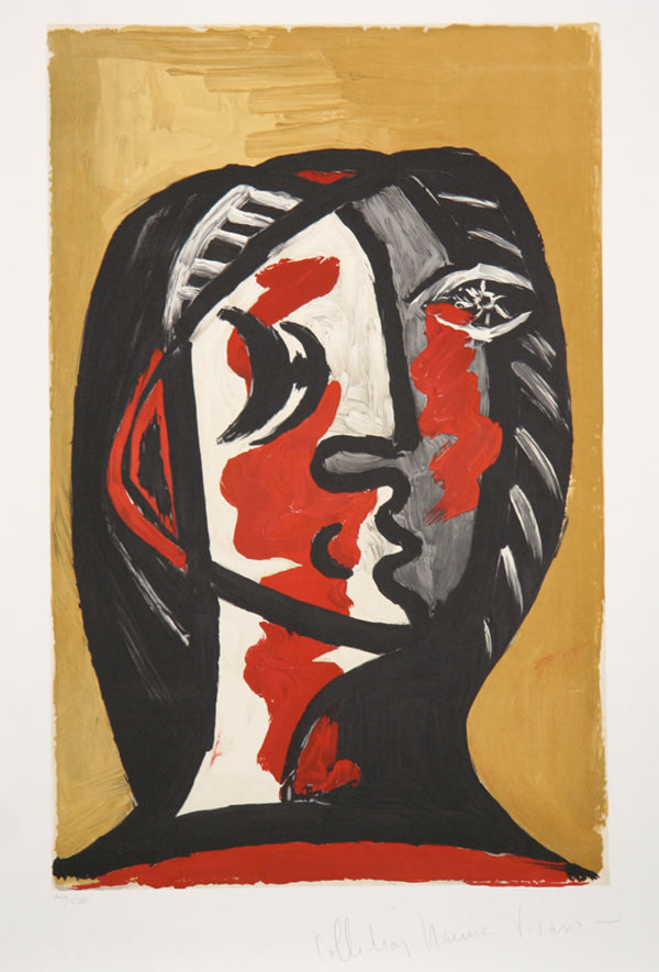 Pablo Picasso, Tete de Femme en Gris et Rouge sur Fond Ochre, J-28, Lithograph on Arches Paper
